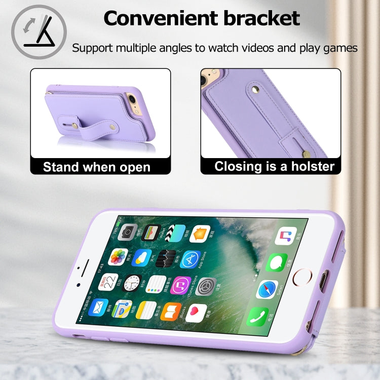 For iPhone SE 2022 / 2020 / 8 Wristband Vertical Flip Wallet Back Cover Phone Case with Long Lanyard