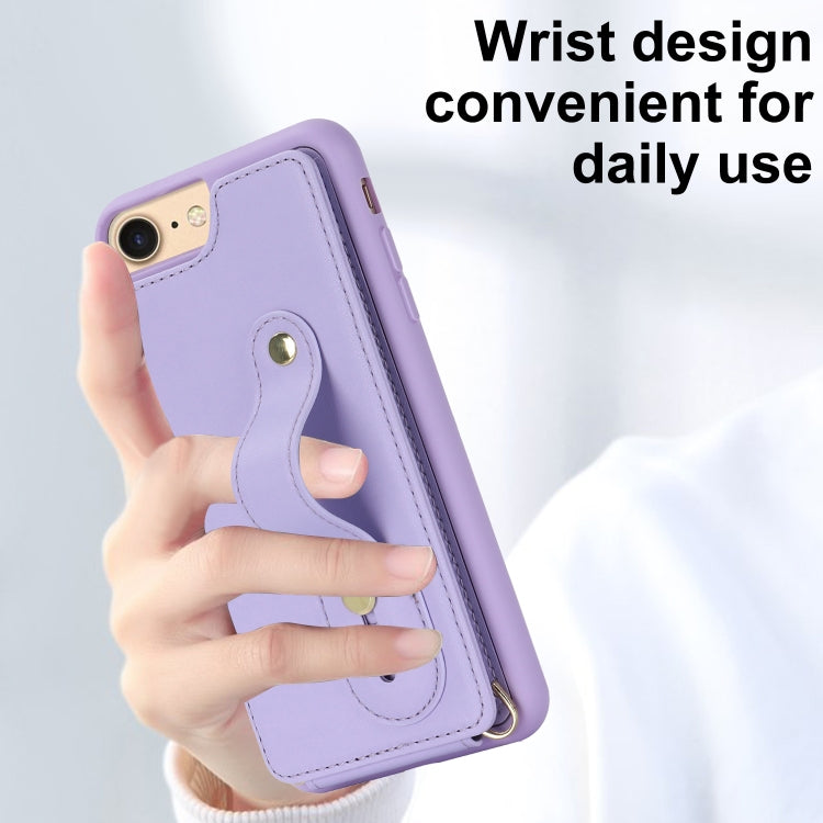 For iPhone SE 2022 / 2020 / 8 Wristband Vertical Flip Wallet Back Cover Phone Case with Long Lanyard