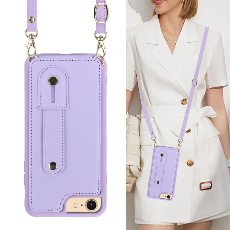 For iPhone SE 2022 / 2020 / 8 Wristband Vertical Flip Wallet Back Cover Phone Case with Long Lanyard