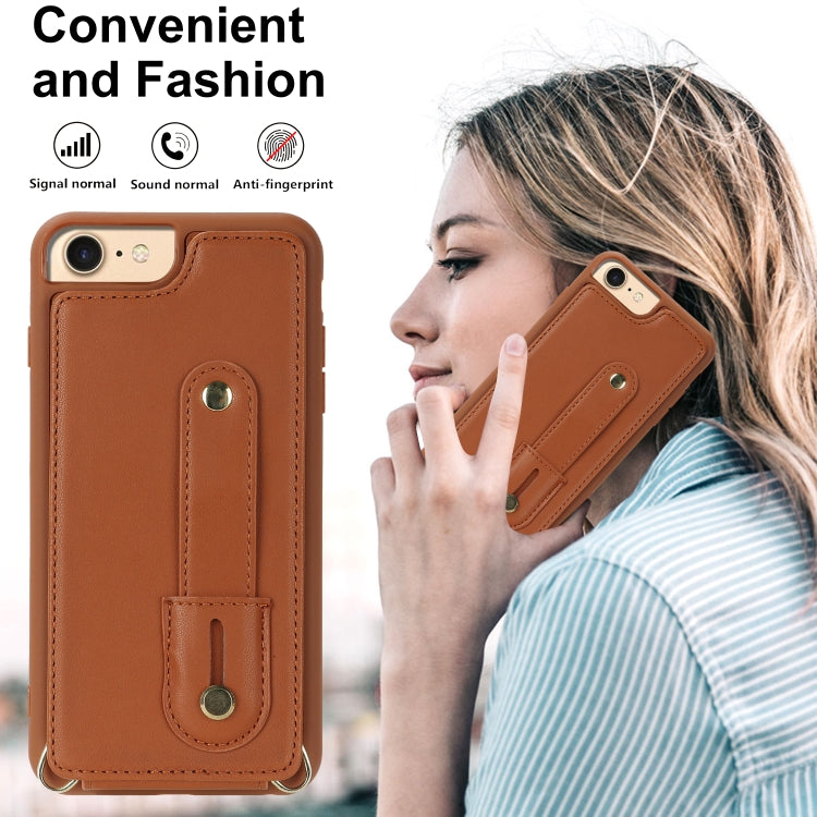 For iPhone SE 2022 / 2020 / 8 Wristband Vertical Flip Wallet Back Cover Phone Case with Long Lanyard