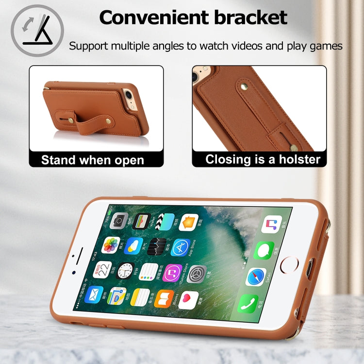 For iPhone SE 2022 / 2020 / 8 Wristband Vertical Flip Wallet Back Cover Phone Case with Long Lanyard