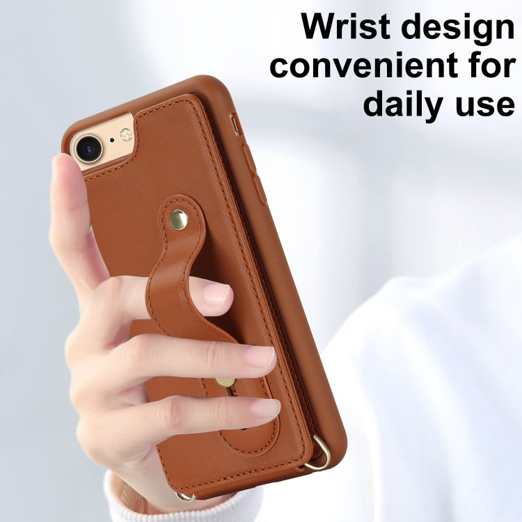 For iPhone SE 2022 / 2020 / 8 Wristband Vertical Flip Wallet Back Cover Phone Case with Long Lanyard