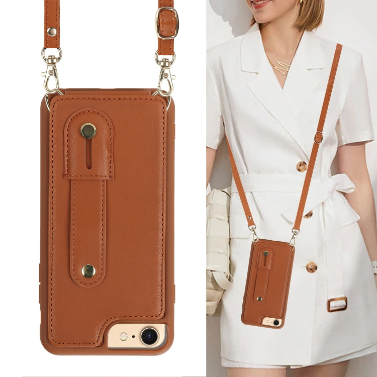 For iPhone SE 2022 / 2020 / 8 Wristband Vertical Flip Wallet Back Cover Phone Case with Long Lanyard
