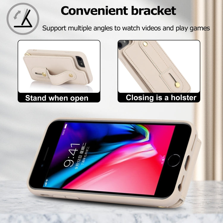 For iPhone SE 2022 / 2020 / 8 Wristband Vertical Flip Wallet Back Cover Phone Case with Long Lanyard
