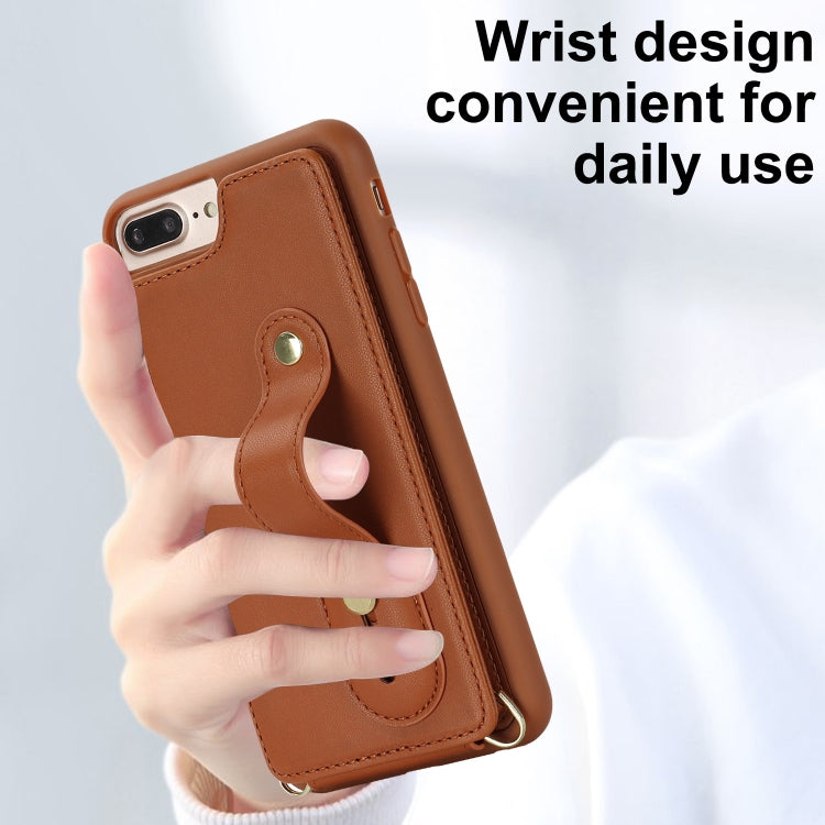 For iPhone 8 Plus / 7 Plus Wristband Vertical Flip Wallet Back Cover Phone Case with Long Lanyard