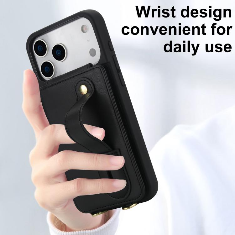 For iPhone 17 Pro Max Wristband Vertical Flip Wallet Back Cover Phone Case with Long Lanyard