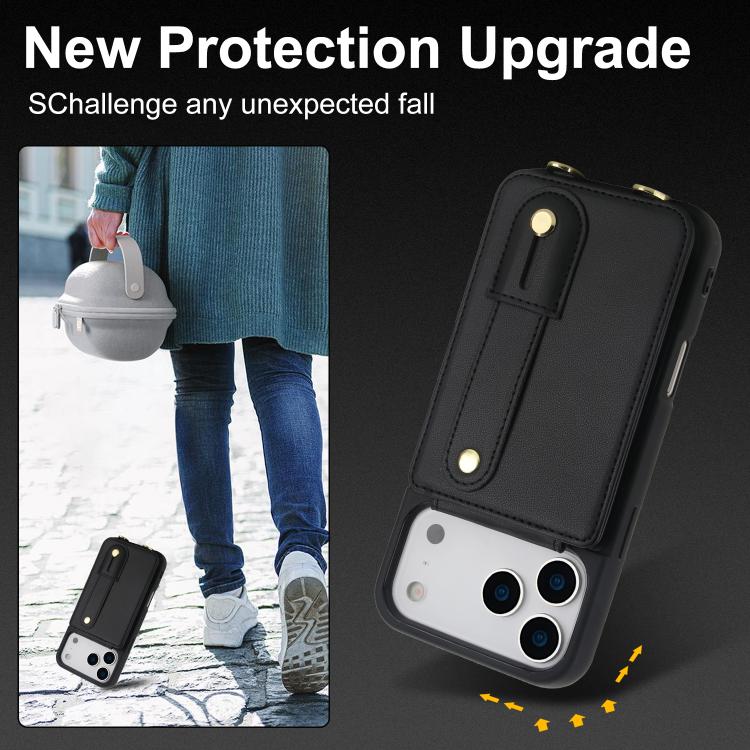 For iPhone 17 Pro Max Wristband Vertical Flip Wallet Back Cover Phone Case with Long Lanyard