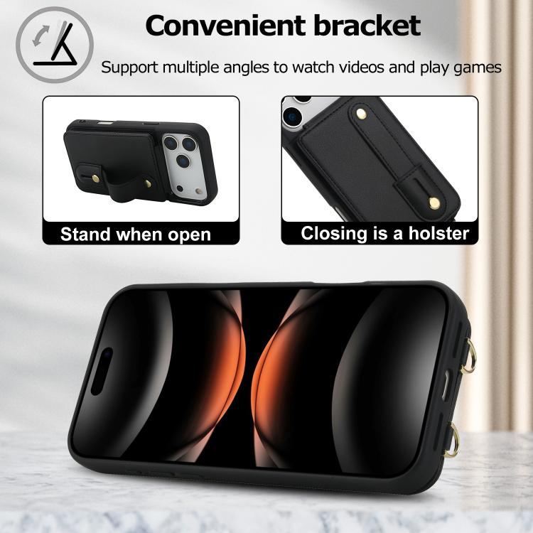 For iPhone 17 Pro Max Wristband Vertical Flip Wallet Back Cover Phone Case with Long Lanyard