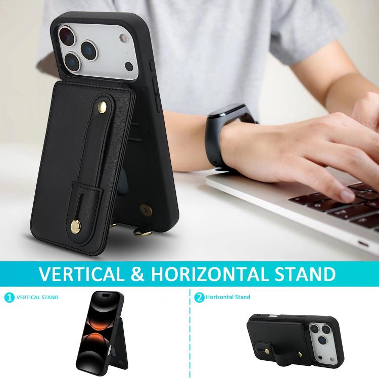 For iPhone 17 Pro Max Wristband Vertical Flip Wallet Back Cover Phone Case with Long Lanyard