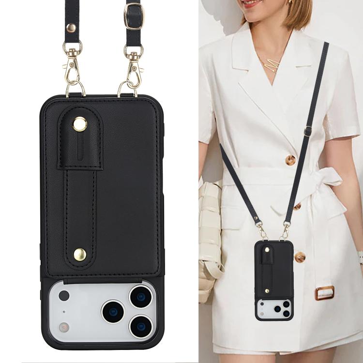 For iPhone 17 Pro Max Wristband Vertical Flip Wallet Back Cover Phone Case with Long Lanyard