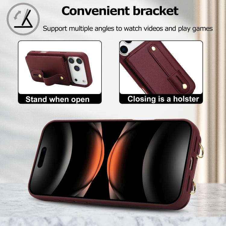 For iPhone 17 Pro Max Wristband Vertical Flip Wallet Back Cover Phone Case with Long Lanyard