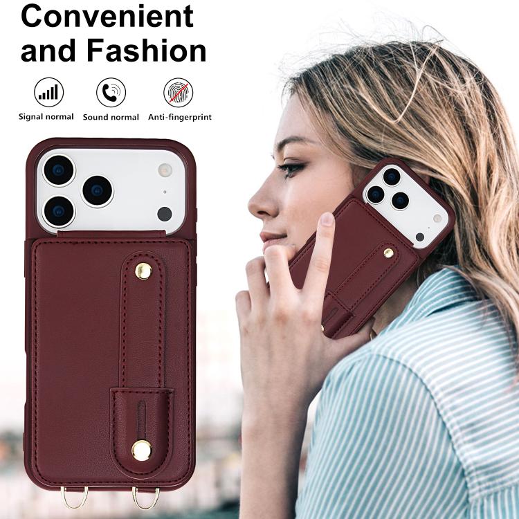 For iPhone 17 Pro Max Wristband Vertical Flip Wallet Back Cover Phone Case with Long Lanyard