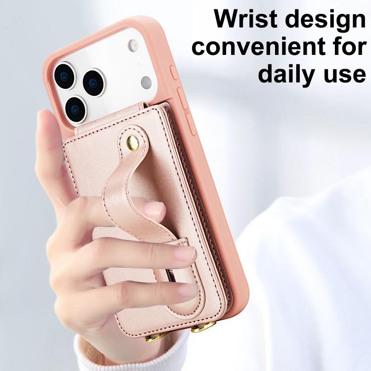For iPhone 17 Pro Max Wristband Vertical Flip Wallet Back Cover Phone Case with Long Lanyard