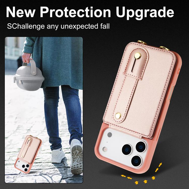 For iPhone 17 Pro Max Wristband Vertical Flip Wallet Back Cover Phone Case with Long Lanyard