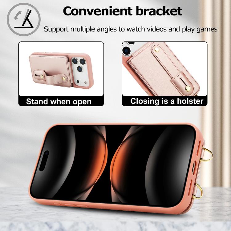 For iPhone 17 Pro Max Wristband Vertical Flip Wallet Back Cover Phone Case with Long Lanyard