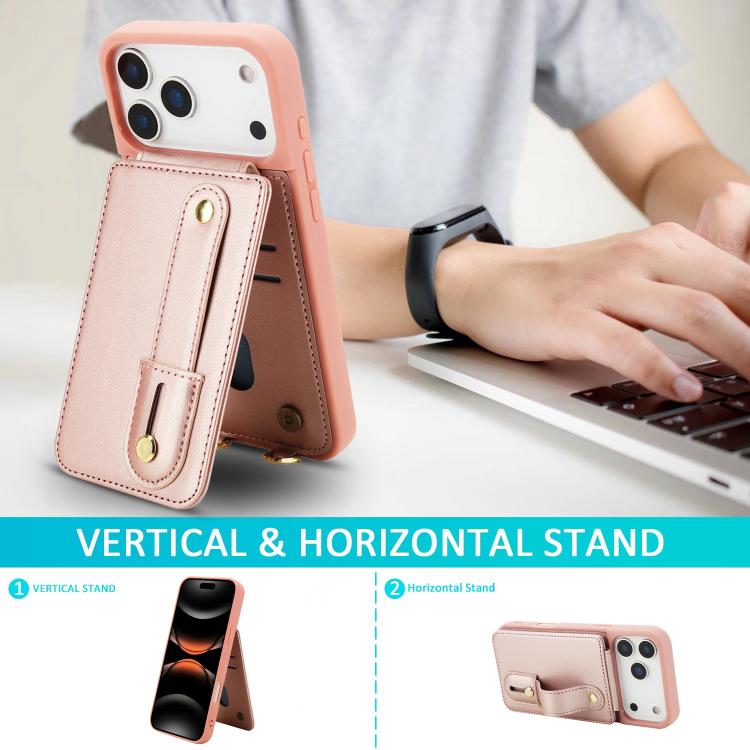 For iPhone 17 Pro Max Wristband Vertical Flip Wallet Back Cover Phone Case with Long Lanyard
