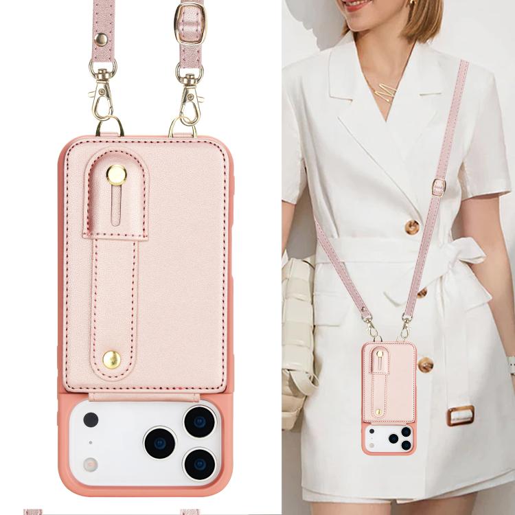 For iPhone 17 Pro Max Wristband Vertical Flip Wallet Back Cover Phone Case with Long Lanyard