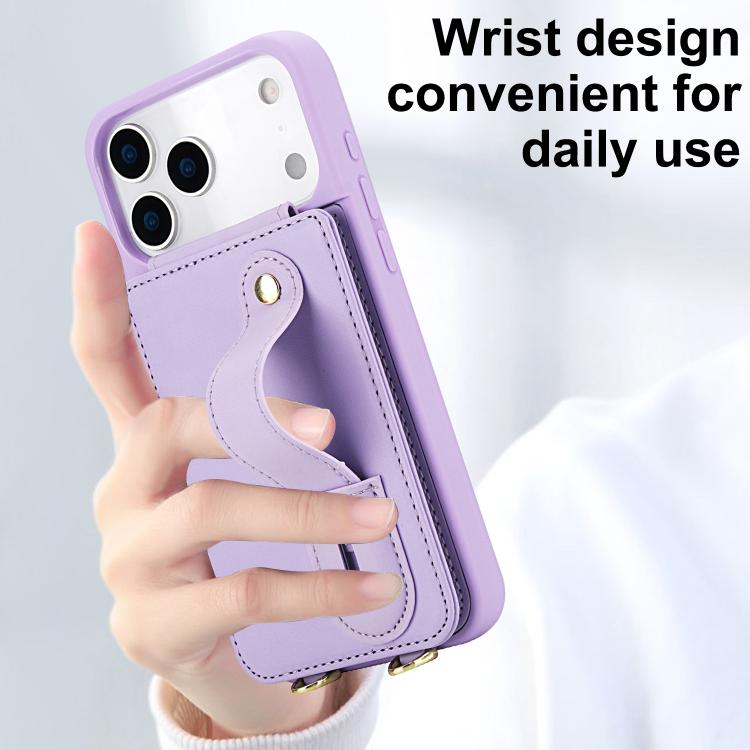 For iPhone 17 Pro Max Wristband Vertical Flip Wallet Back Cover Phone Case with Long Lanyard