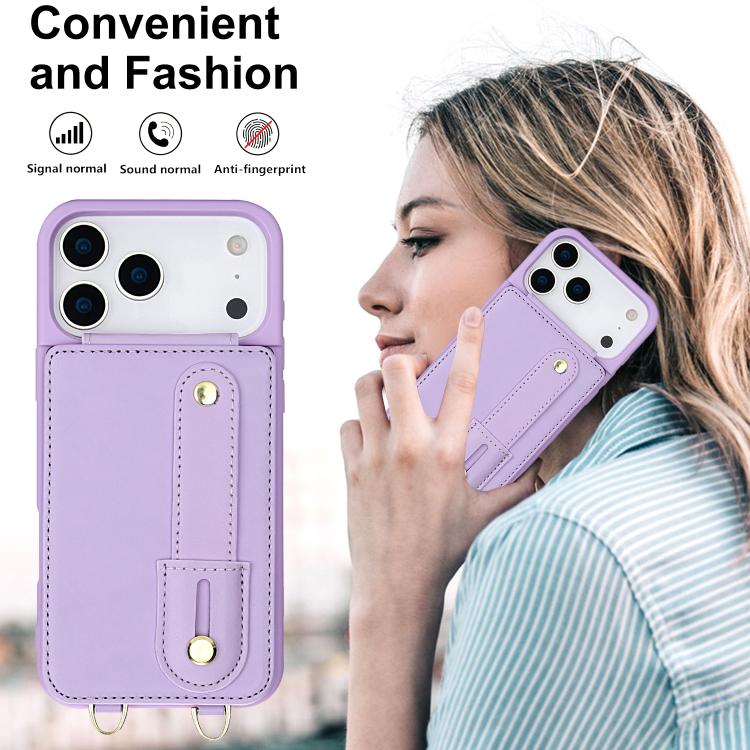 For iPhone 17 Pro Max Wristband Vertical Flip Wallet Back Cover Phone Case with Long Lanyard