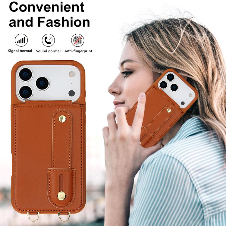 For iPhone 17 Pro Max Wristband Vertical Flip Wallet Back Cover Phone Case with Long Lanyard