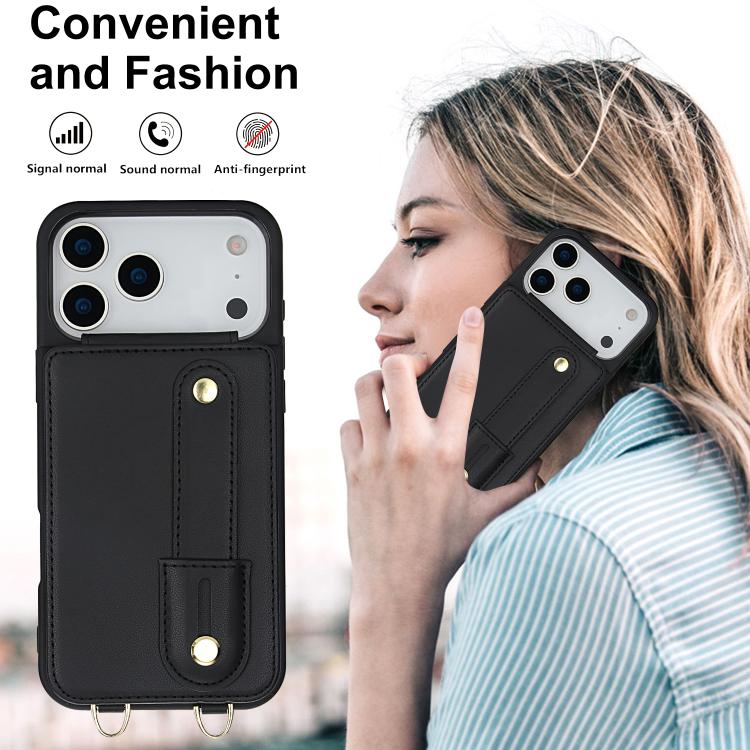 For iPhone 17 Pro Wristband Vertical Flip Wallet Back Cover Phone Case with Long Lanyard