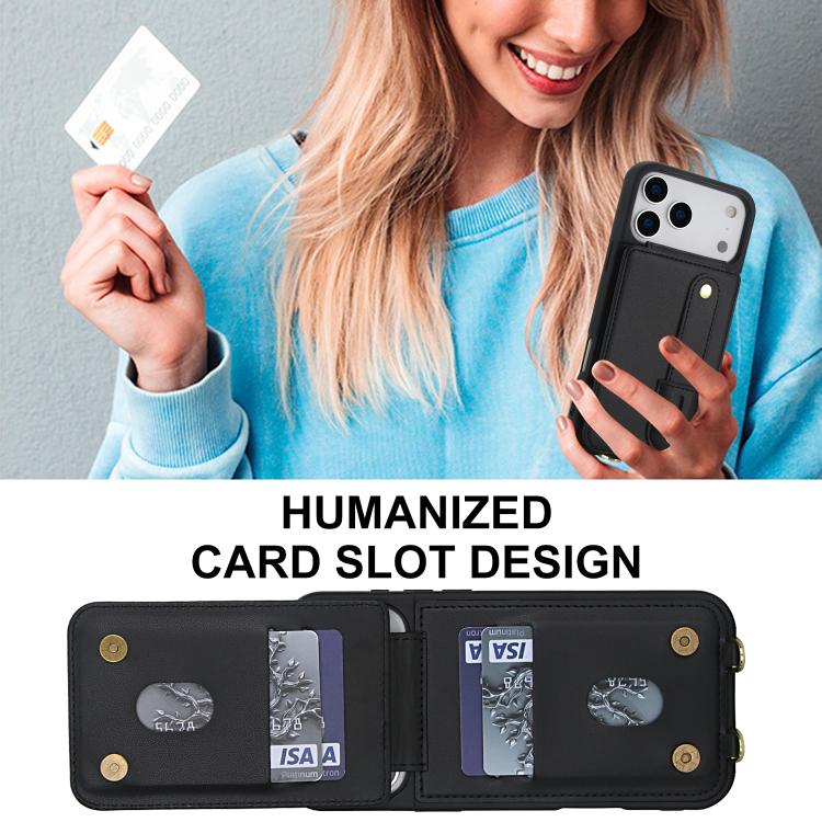 For iPhone 17 Pro Wristband Vertical Flip Wallet Back Cover Phone Case with Long Lanyard
