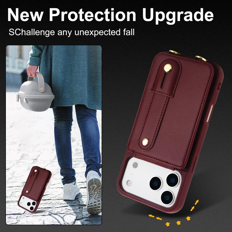 For iPhone 17 Pro Wristband Vertical Flip Wallet Back Cover Phone Case with Long Lanyard