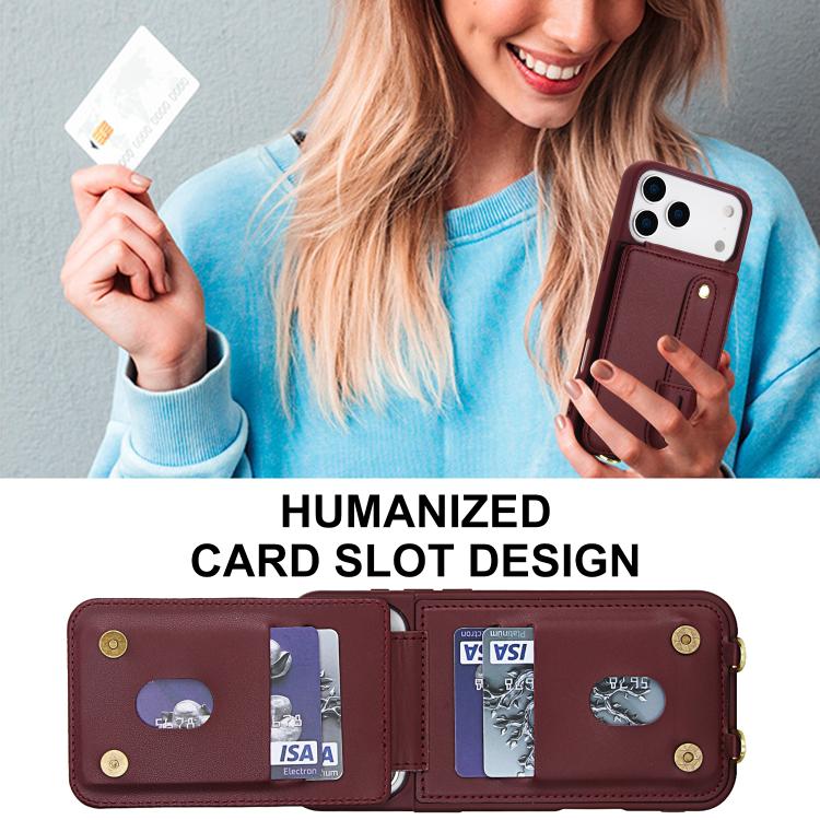 For iPhone 17 Pro Wristband Vertical Flip Wallet Back Cover Phone Case with Long Lanyard