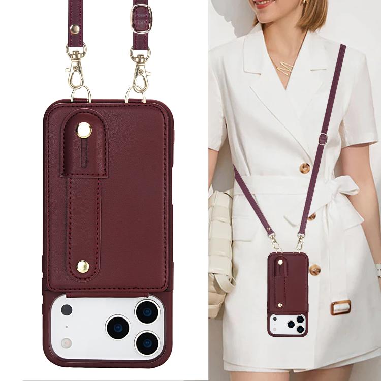 For iPhone 17 Pro Wristband Vertical Flip Wallet Back Cover Phone Case with Long Lanyard