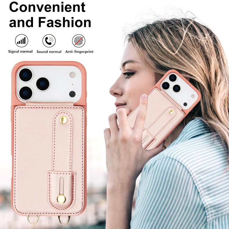 For iPhone 17 Pro Wristband Vertical Flip Wallet Back Cover Phone Case with Long Lanyard