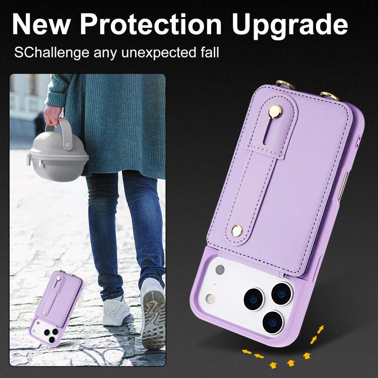 For iPhone 17 Pro Wristband Vertical Flip Wallet Back Cover Phone Case with Long Lanyard