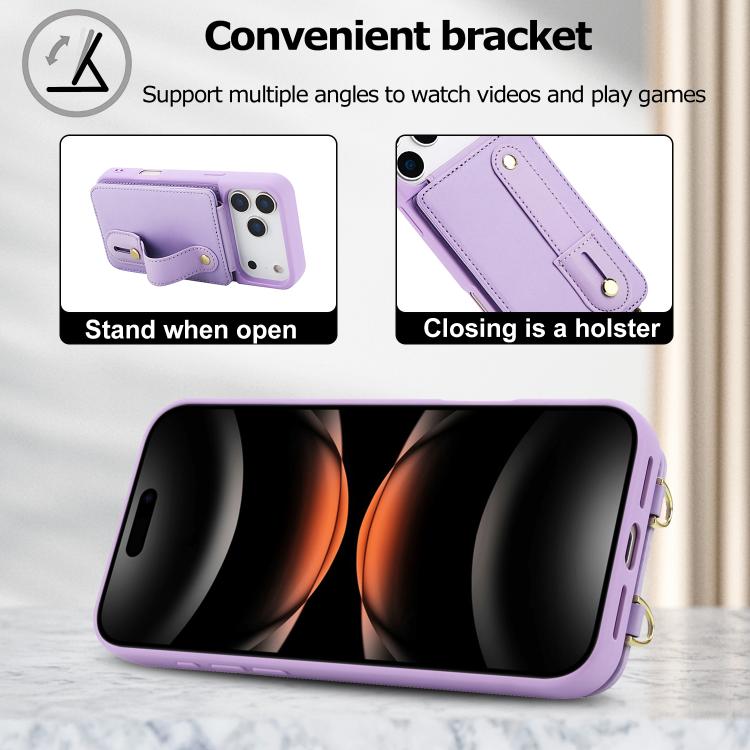 For iPhone 17 Pro Wristband Vertical Flip Wallet Back Cover Phone Case with Long Lanyard