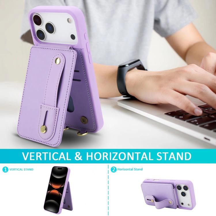 For iPhone 17 Pro Wristband Vertical Flip Wallet Back Cover Phone Case with Long Lanyard