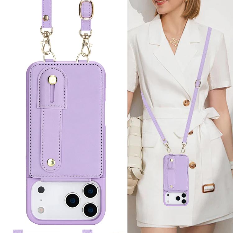 For iPhone 17 Pro Wristband Vertical Flip Wallet Back Cover Phone Case with Long Lanyard
