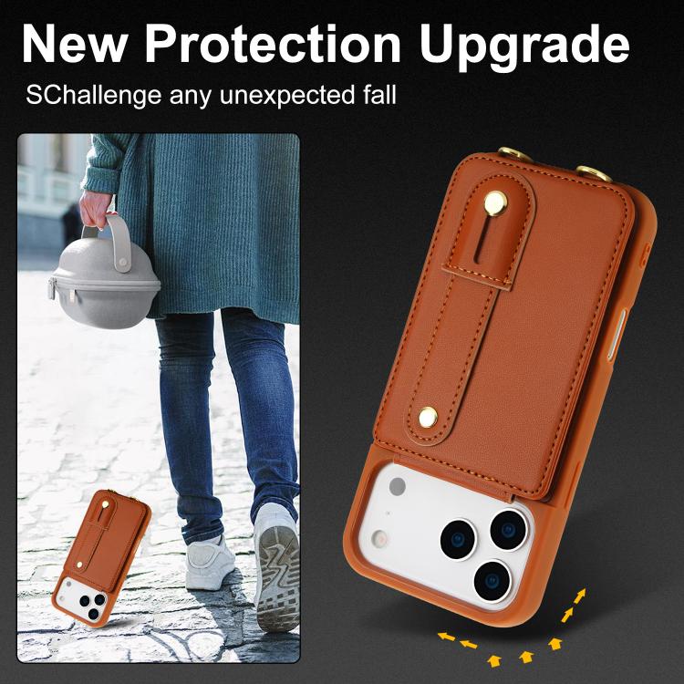 For iPhone 17 Pro Wristband Vertical Flip Wallet Back Cover Phone Case with Long Lanyard