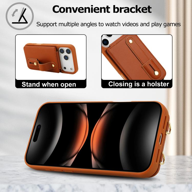 For iPhone 17 Pro Wristband Vertical Flip Wallet Back Cover Phone Case with Long Lanyard