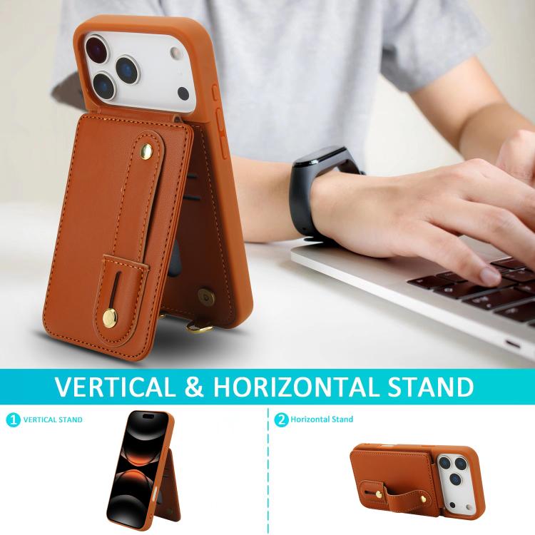 For iPhone 17 Pro Wristband Vertical Flip Wallet Back Cover Phone Case with Long Lanyard
