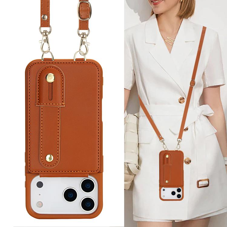 For iPhone 17 Pro Wristband Vertical Flip Wallet Back Cover Phone Case with Long Lanyard