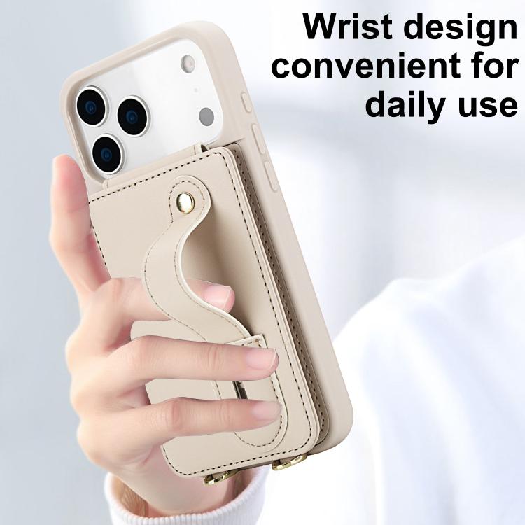 For iPhone 17 Pro Wristband Vertical Flip Wallet Back Cover Phone Case with Long Lanyard