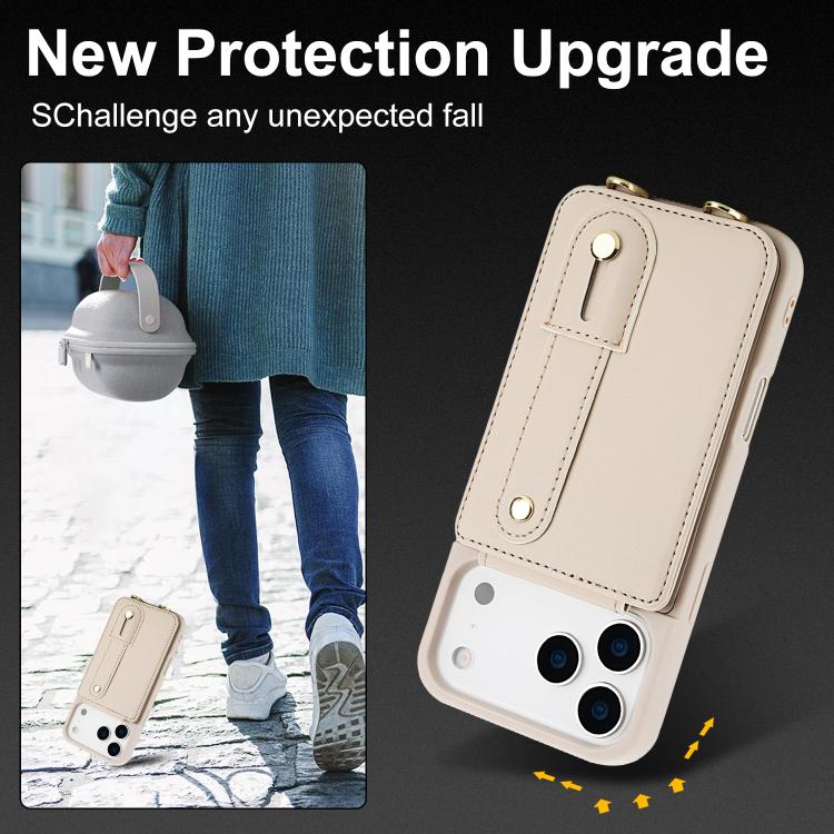 For iPhone 17 Pro Wristband Vertical Flip Wallet Back Cover Phone Case with Long Lanyard