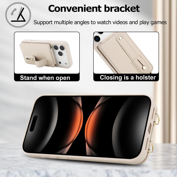 For iPhone 17 Pro Wristband Vertical Flip Wallet Back Cover Phone Case with Long Lanyard
