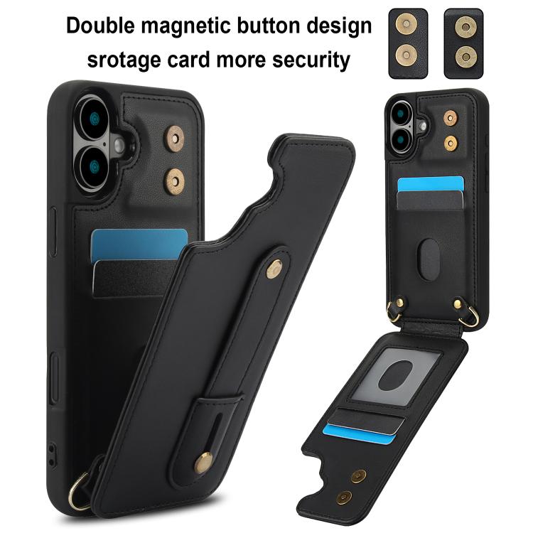 For iPhone 17 Wristband Vertical Flip Wallet Back Cover Phone Case with Long Lanyard