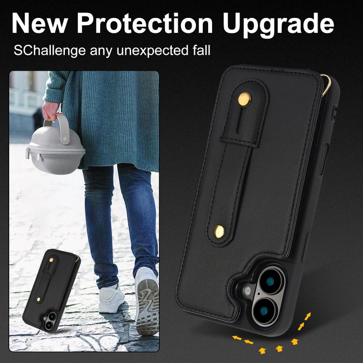 For iPhone 17 Wristband Vertical Flip Wallet Back Cover Phone Case with Long Lanyard