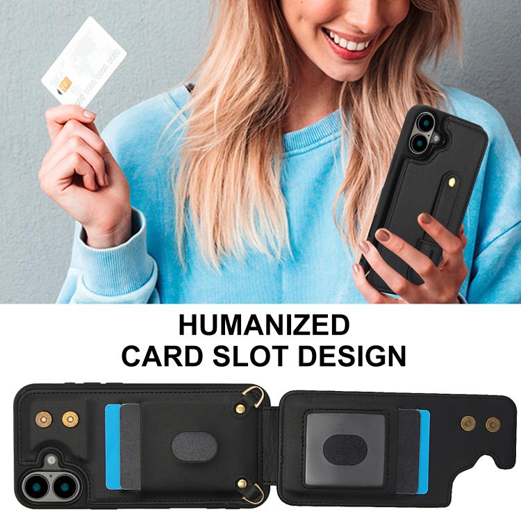 For iPhone 17 Wristband Vertical Flip Wallet Back Cover Phone Case with Long Lanyard