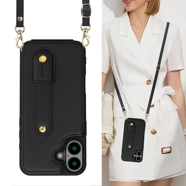 For iPhone 17 Wristband Vertical Flip Wallet Back Cover Phone Case with Long Lanyard