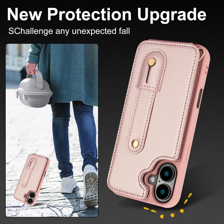 For iPhone 17 Wristband Vertical Flip Wallet Back Cover Phone Case with Long Lanyard