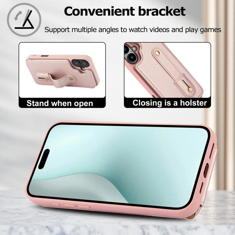 For iPhone 17 Wristband Vertical Flip Wallet Back Cover Phone Case with Long Lanyard