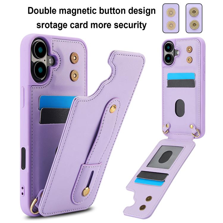 For iPhone 17 Wristband Vertical Flip Wallet Back Cover Phone Case with Long Lanyard
