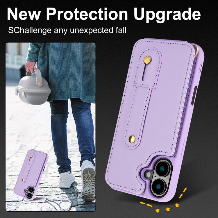 For iPhone 17 Wristband Vertical Flip Wallet Back Cover Phone Case with Long Lanyard