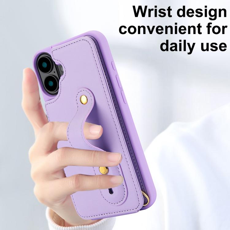 For iPhone 17 Wristband Vertical Flip Wallet Back Cover Phone Case with Long Lanyard